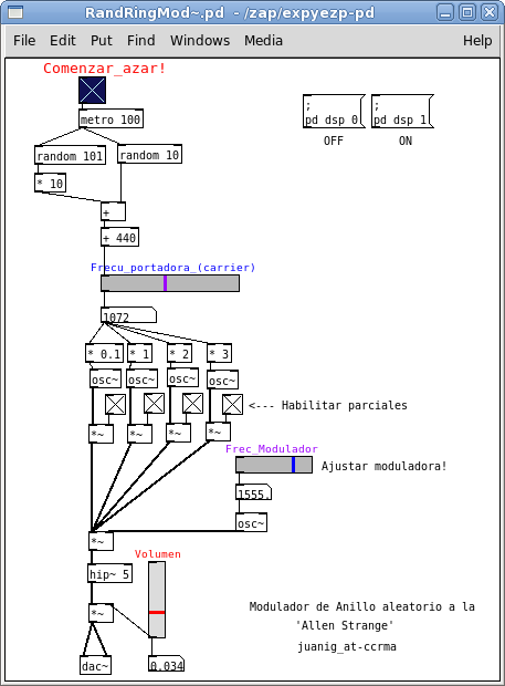 Patch de Pd con modulador de anillo con
      controles de frecuencias al azar
