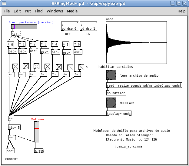 Patch de Pd con modulador de
      anillo para tratamiento de archivos de audio
