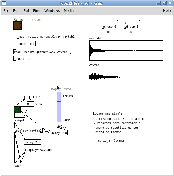 Patch de Pd con reproductor de dos
      archivos de audio simultáneamente