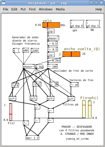 Modelo de desfasador ( a la MXR ) en Pd.