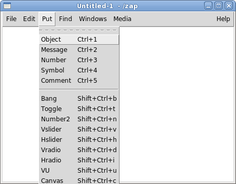 Ventana con un lienzo blanco y el
              menú de 'Put' de Pd.