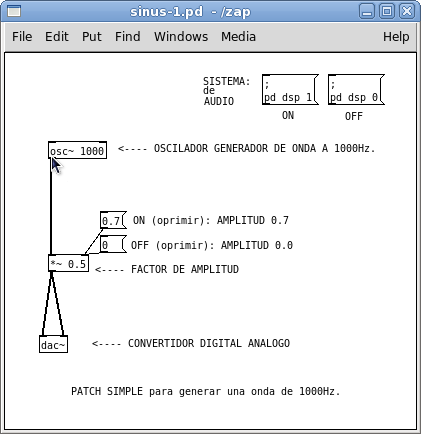 Patch de Pd para generar un onda sinuosidal