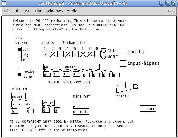 Ventana de prueba de audio y MIDI en
            Pd.
